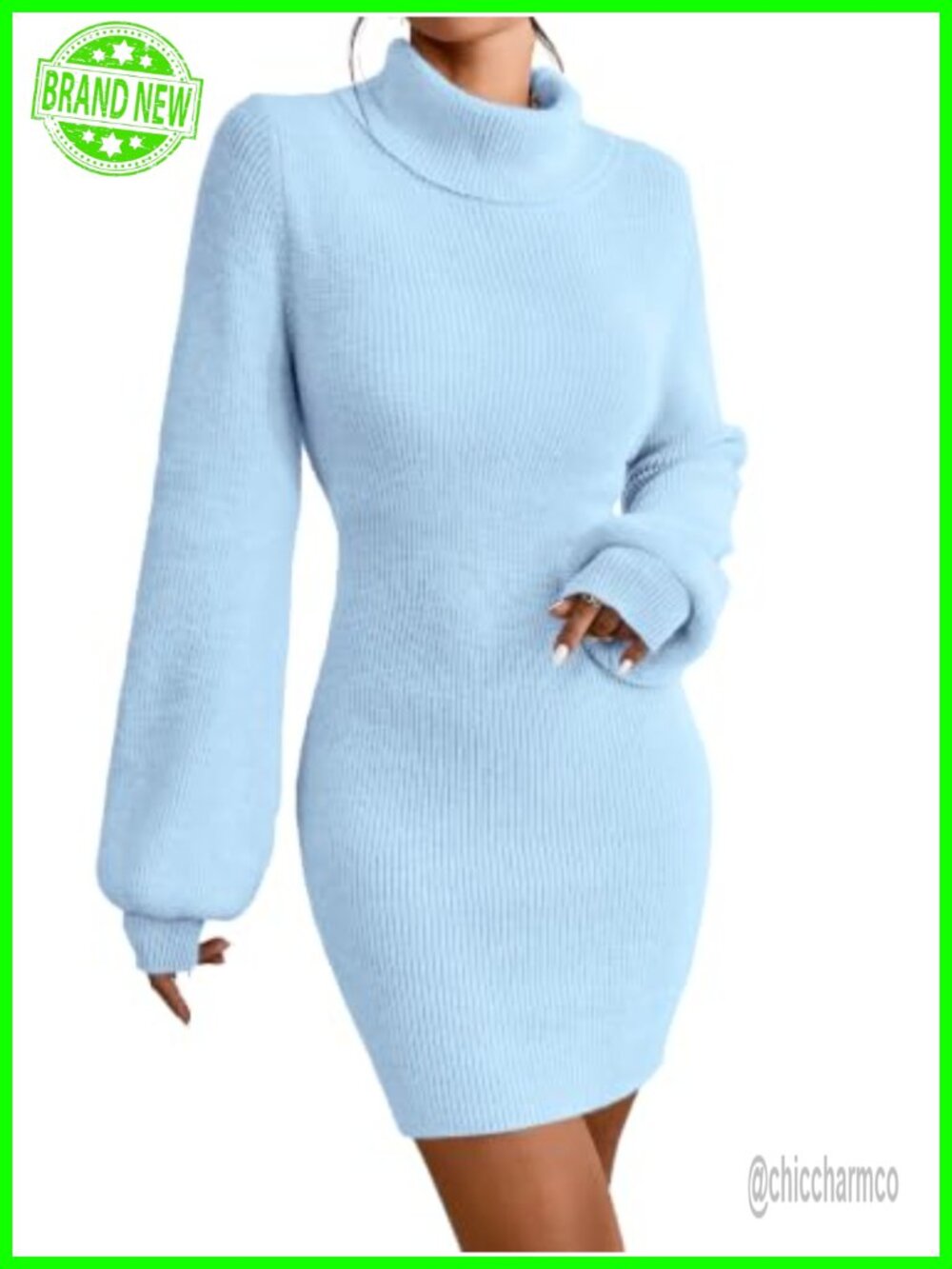 Turtleneck Sweater Dress Women Knit Mini Bodycon Lantern Sleeve High Stretch